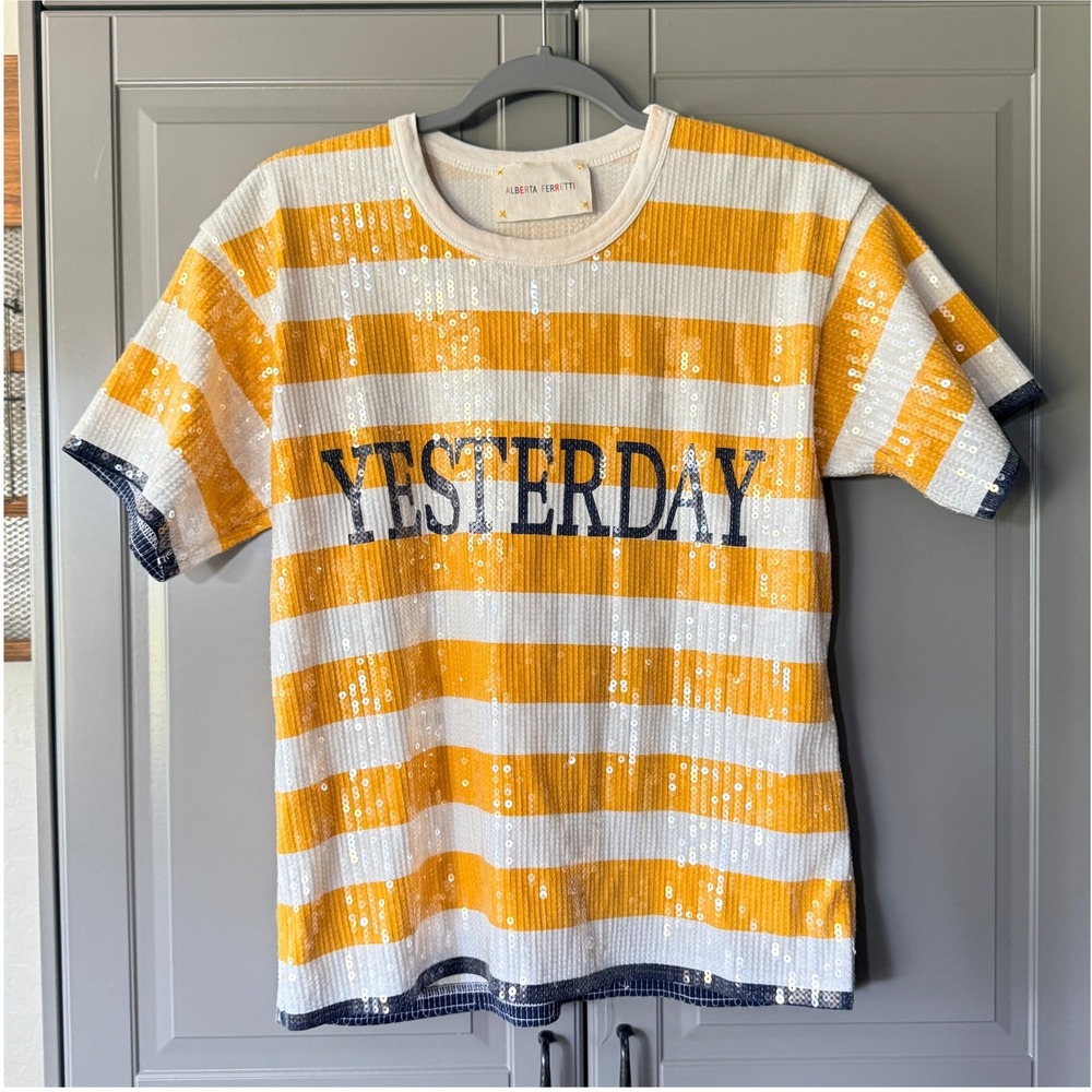 Alberta Ferretti Striped Sequin Yesterday Graphic T-Shirt, Yellow Blue, M